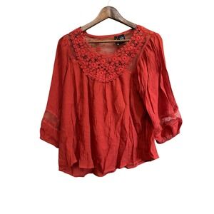 Directions‎ Womens Top Small Orange Crochet Lace 3/4 Sleeve Blouse